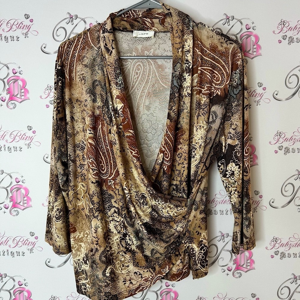 Laura long sleeve scoop neck paisley boho Elegant Brown Patterned Women's Top